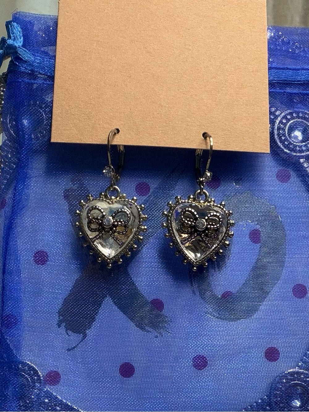 Victorian Heart Ribbon Bow Drop Earrings Rhinestone Filigree Leverback EUC